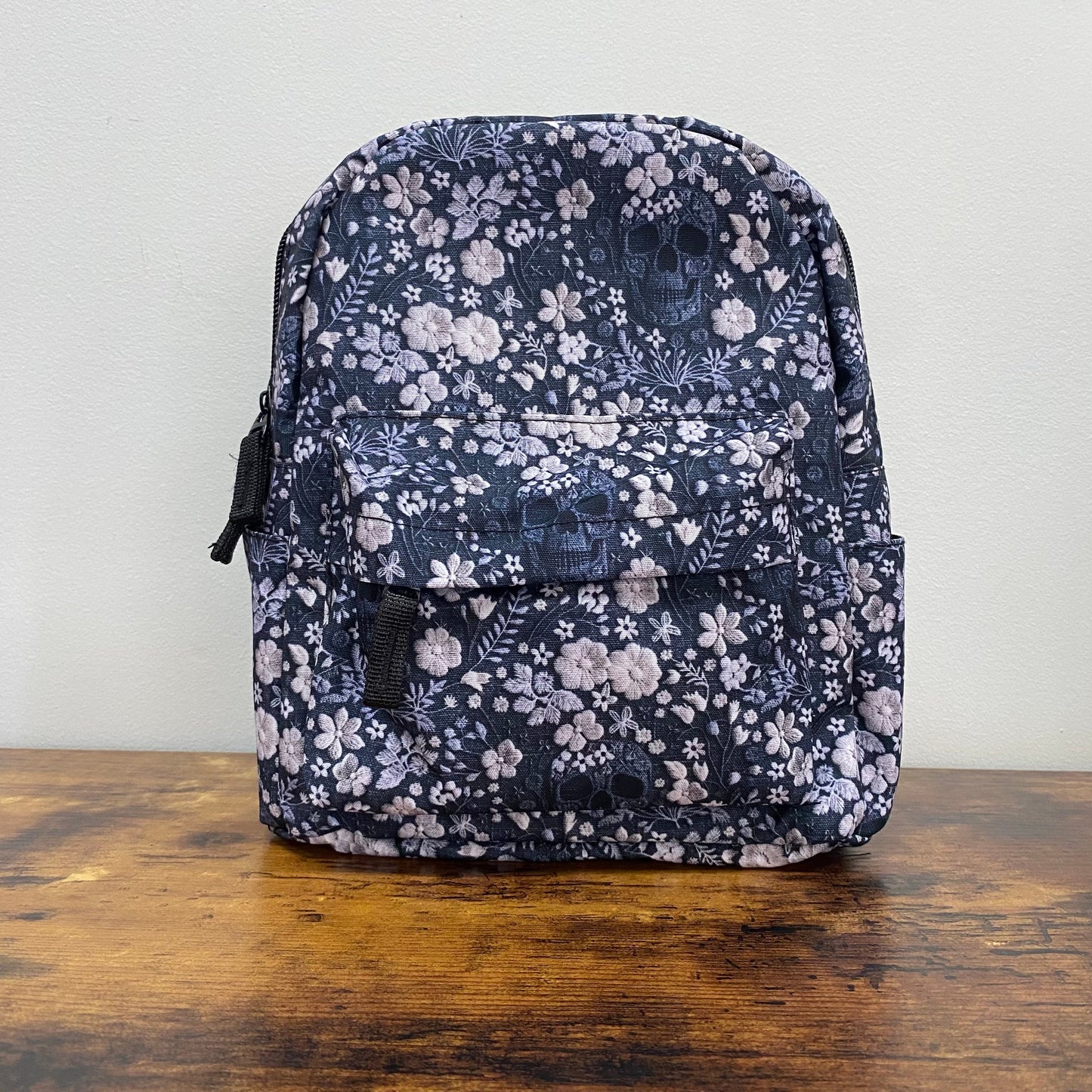 Grey Skull Faux Floral Faux Embroidery - Water-Resistant Mini Backpack