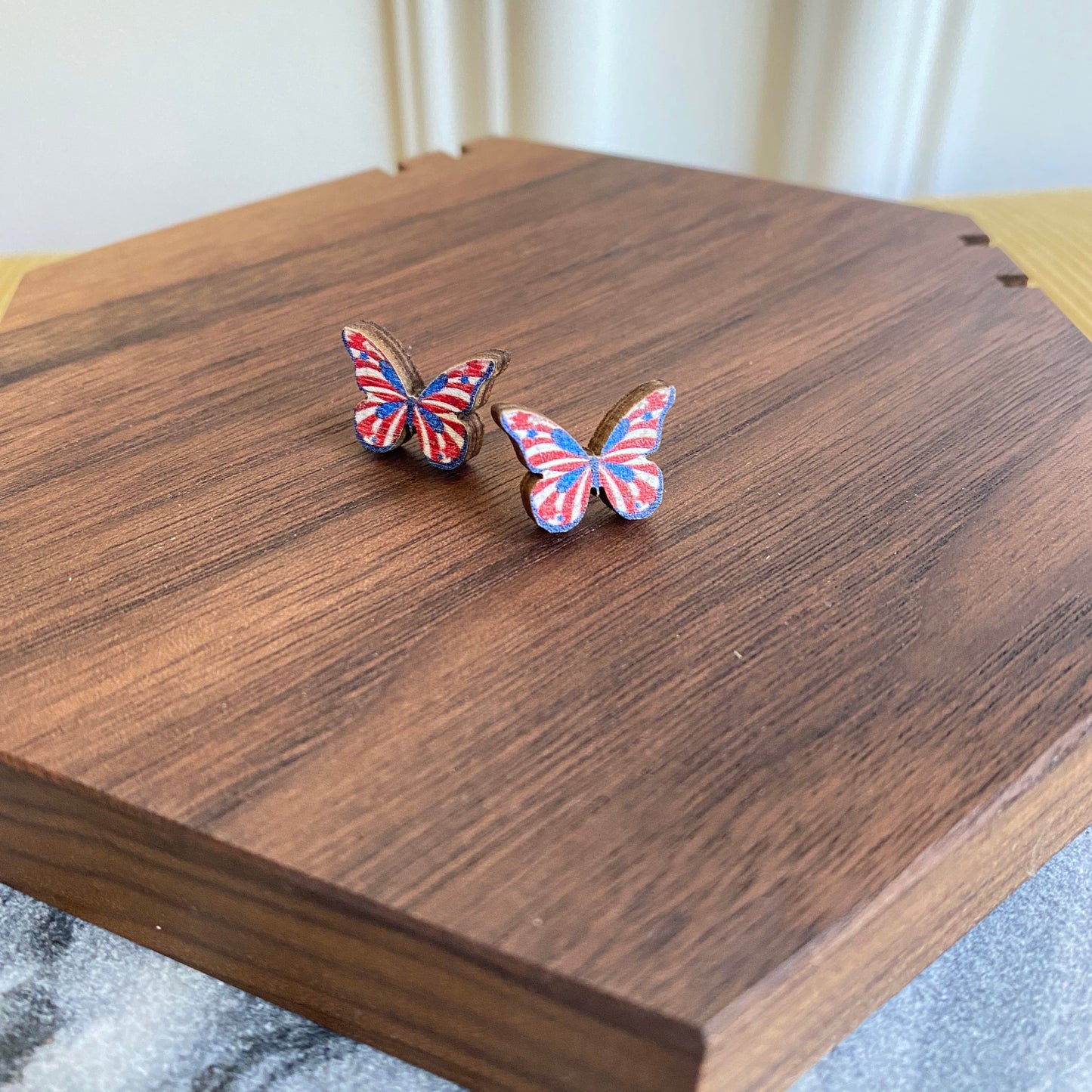 Wooden Stud Earrings - Red White Blue Butterfly