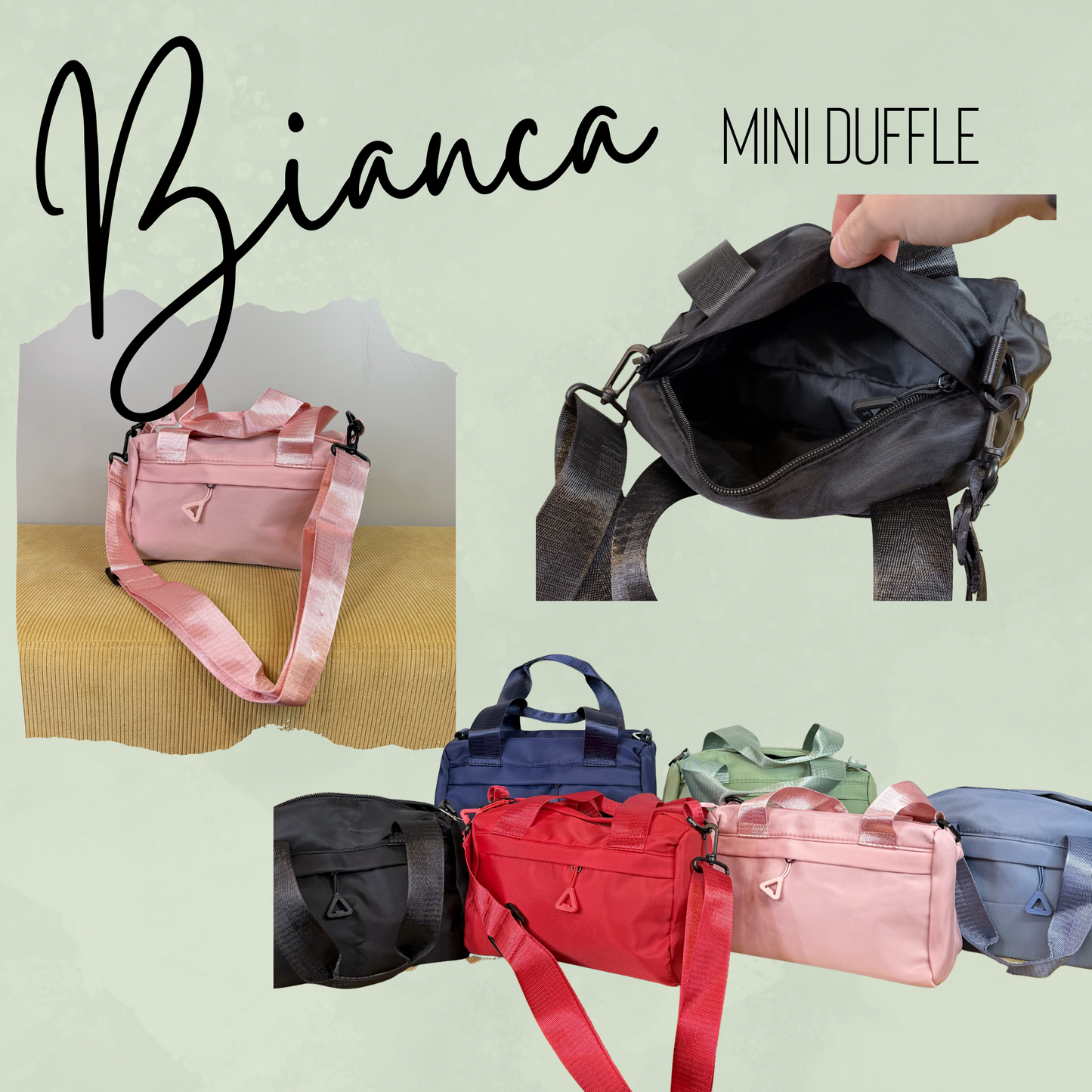 Shop the Bianca Mini Duffle Crossbody Bag, a compact nylon purse with top handles, zip pockets and an adjustable removable strap. Ready to ship.