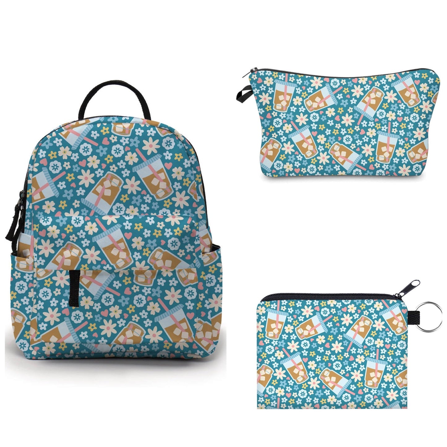 Coffee Blue Floral - Water-Resistant Mini Backpack & Pouches Set