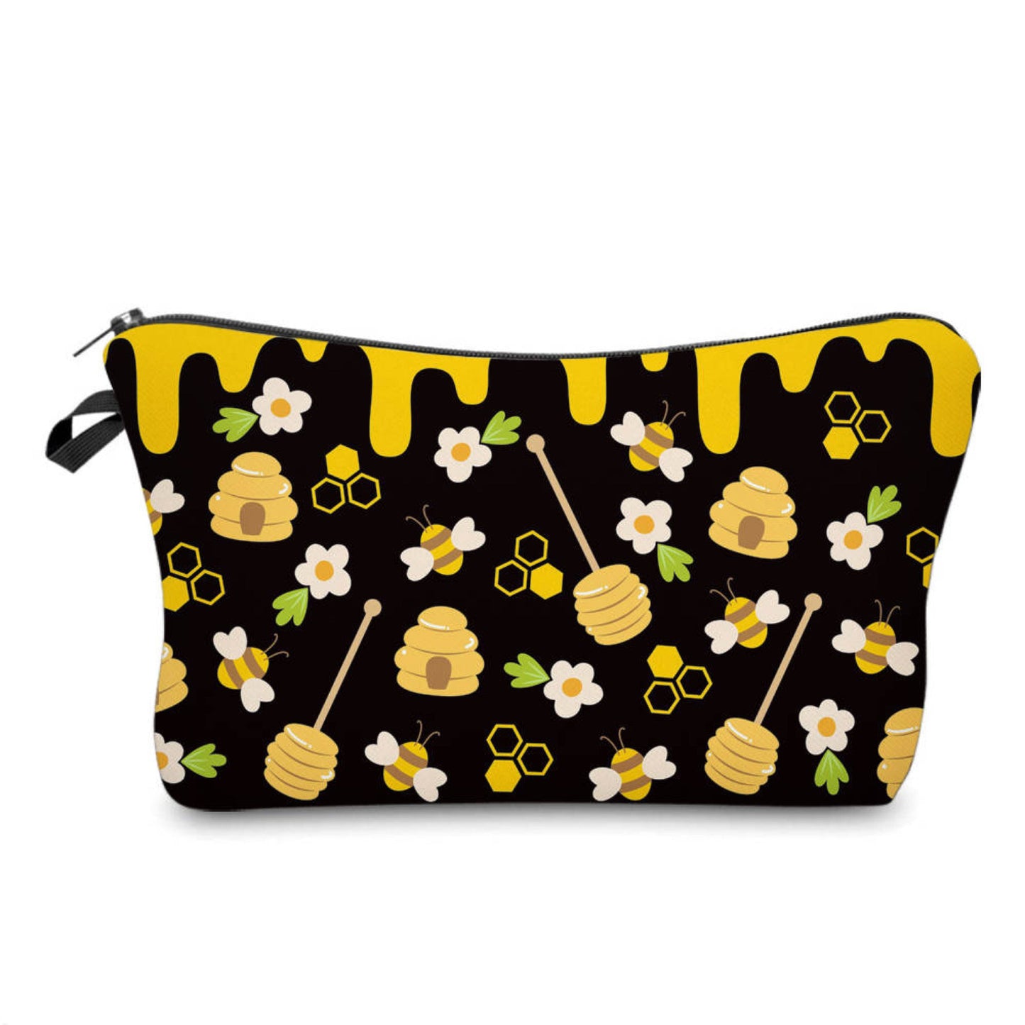 Bee Honeycomb Daisy On Black - Water-Resistant Multi-Use Pouch