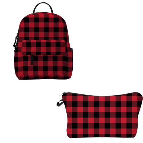 Red & Black Buffalo Plaid- Water-Resistant Mini Backpack & Pouch Set
