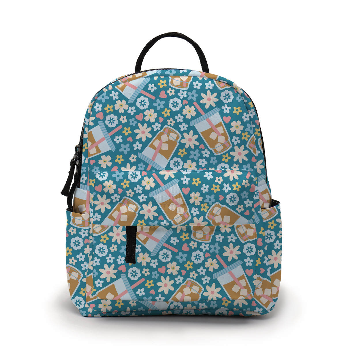 Coffee Blue Floral - Water-Resistant Mini Backpack & Pouches Set