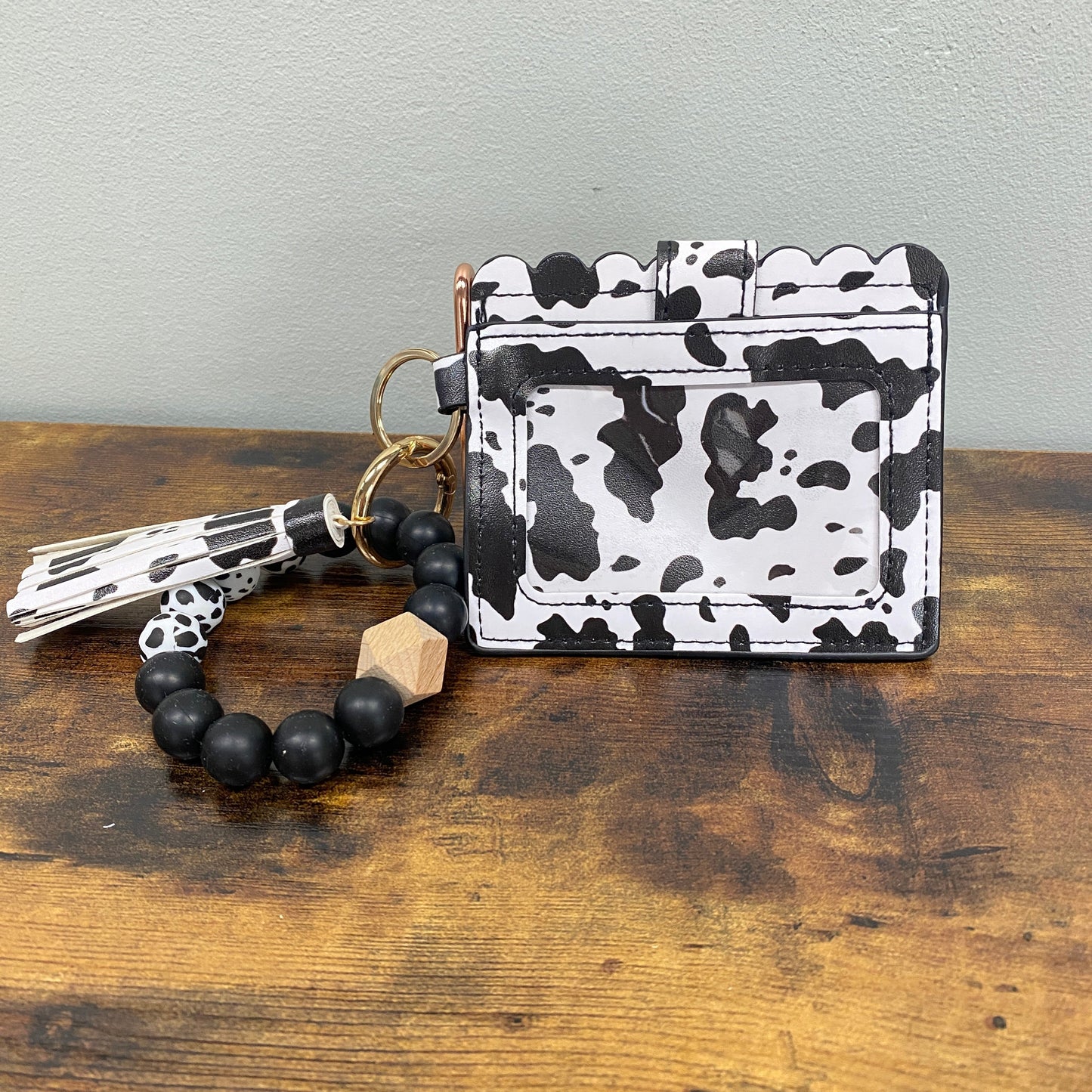Silicone Bracelet Keychain with Scalloped Cow Print Card Holder