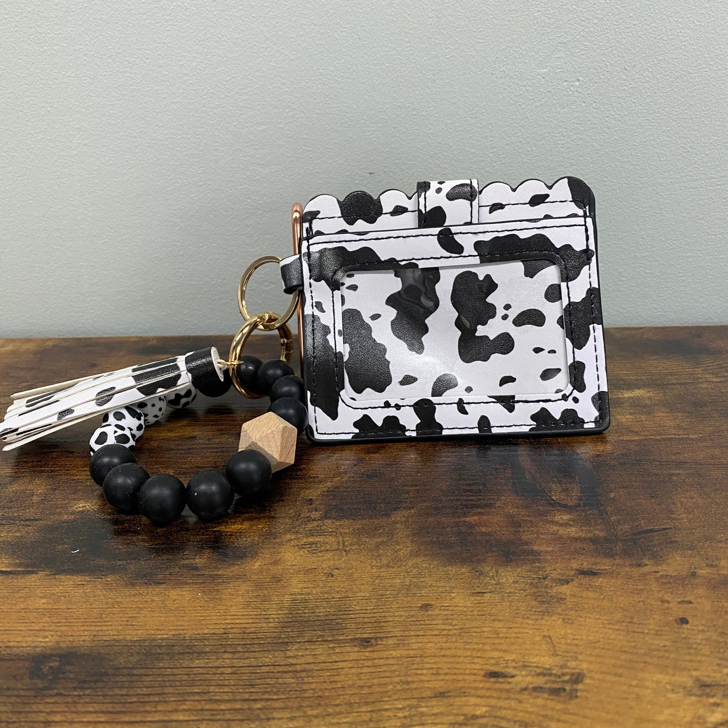 Silicone Bracelet Keychain with Scalloped Cow Print Card Holder