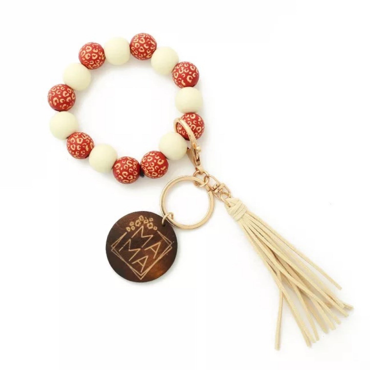 Wooden Bead Bracelet Keychain with Wooden Mama Disk