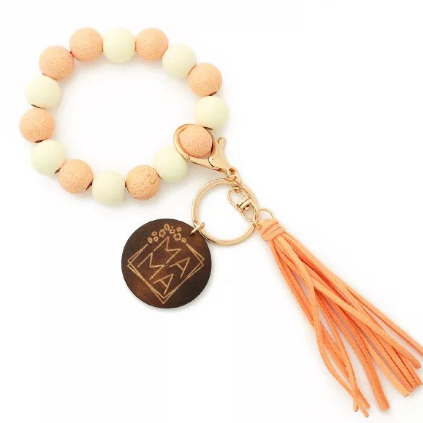 Wooden Bead Bracelet Keychain with Wooden Mama Disk