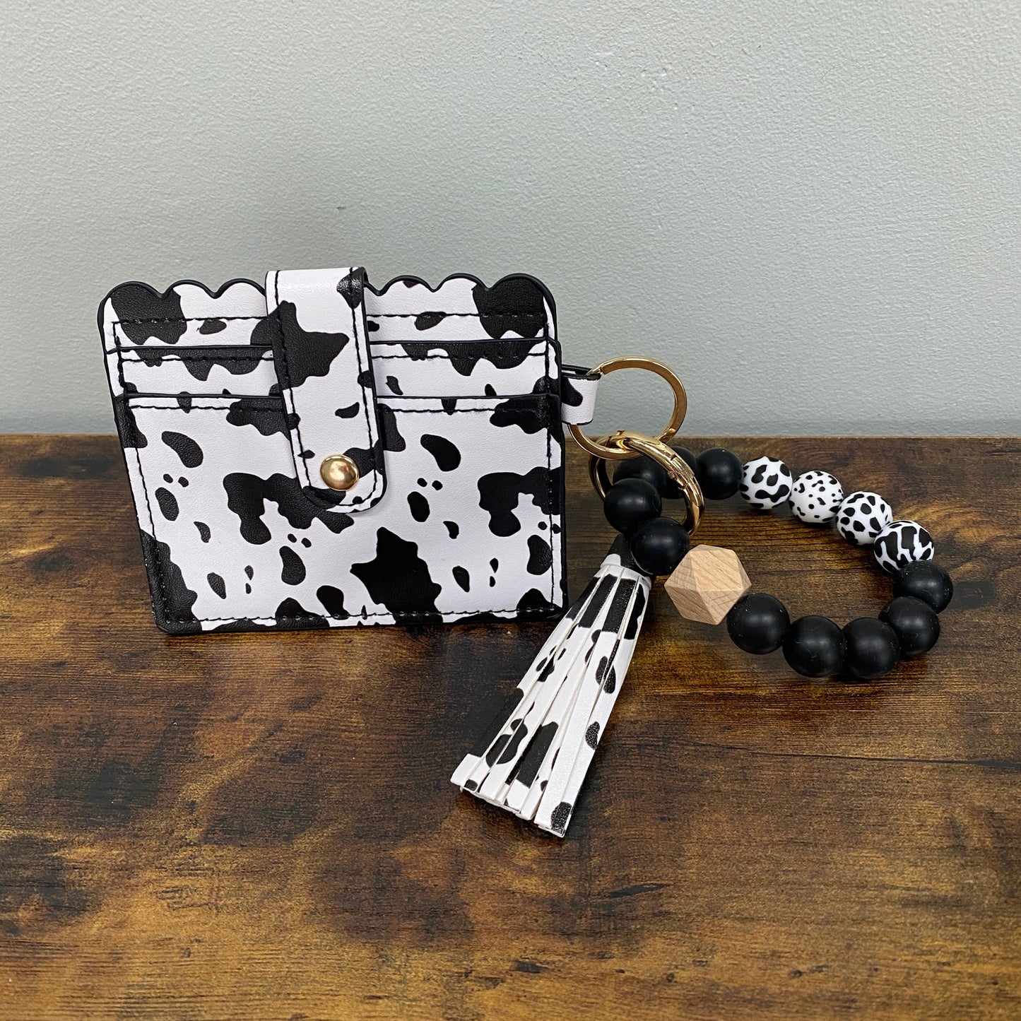 Silicone Bracelet Keychain with Scalloped Cow Print Card Holder