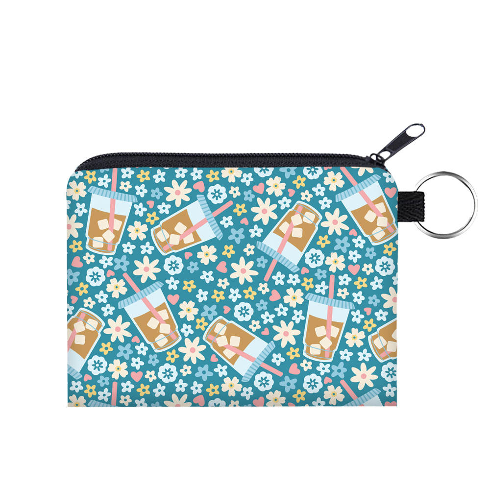 Coffee Blue Floral - Water-Resistant Mini Pouch w/ Keyring