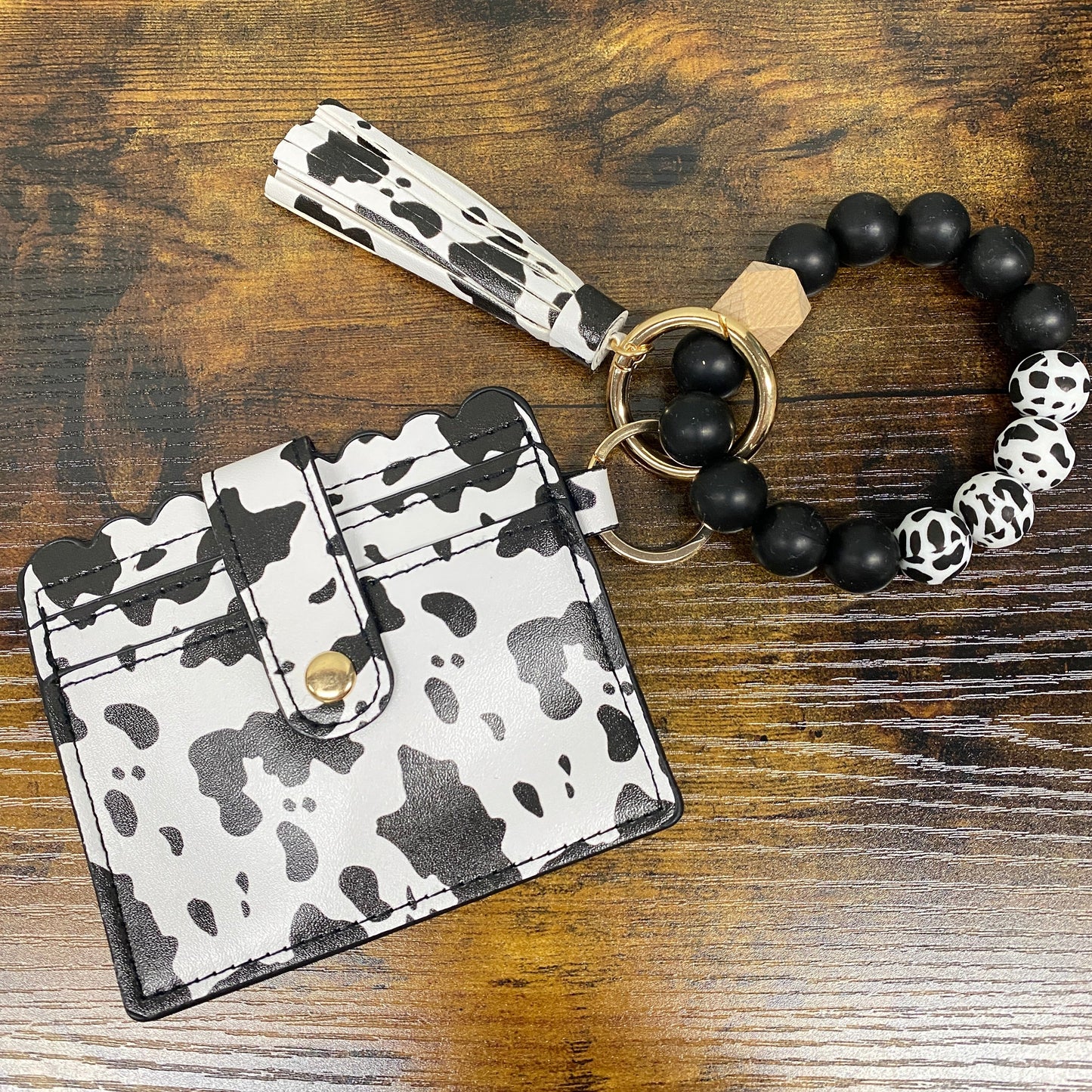 Silicone Bracelet Keychain with Scalloped Cow Print Card Holder
