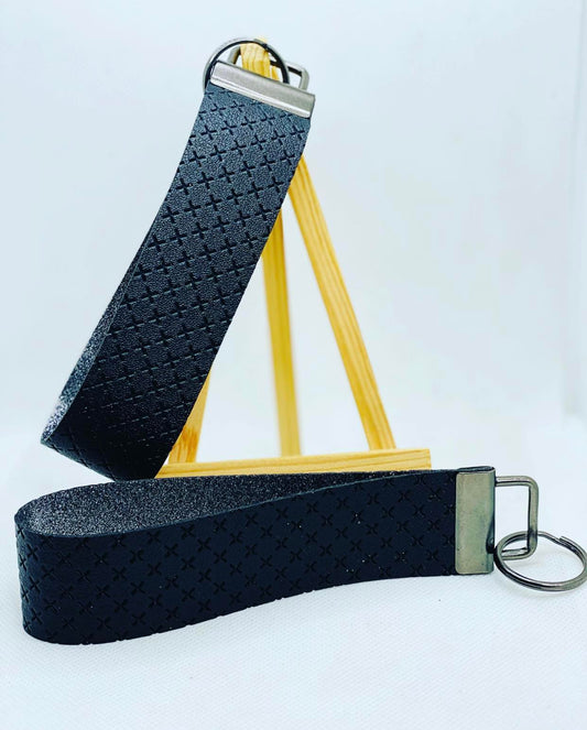 Solid Black Criss Cross Faux Leather Wristlet Keychain