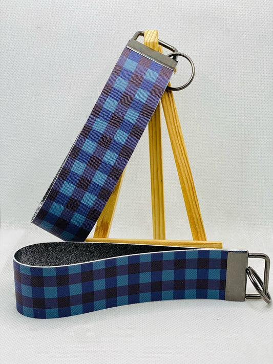 Denim Blue Buffalo Plaid Faux Leather Wristlet Keychain