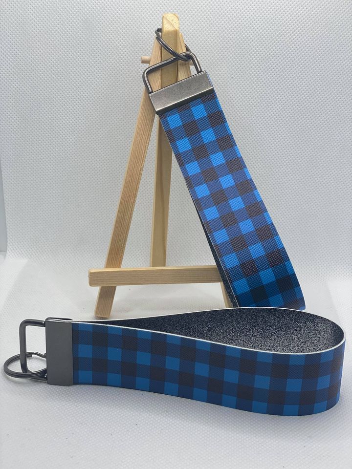 Blue Buffalo Plaid Faux Leather Wristlet Keychain