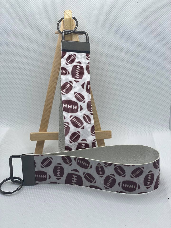 Football (White Background) Faux Leather Wristlet Keychain