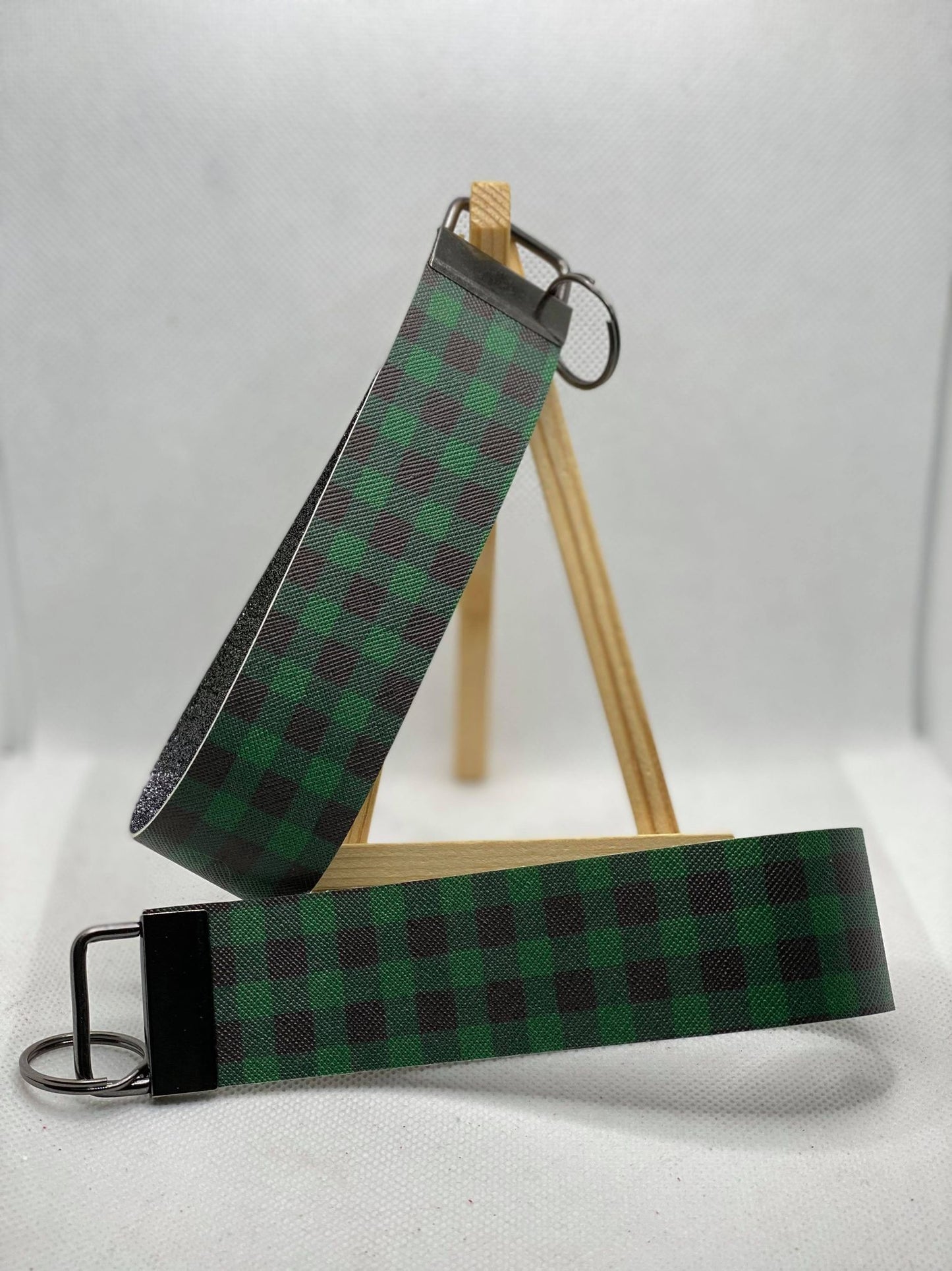 Green Buffalo Plaid Faux Leather Wristlet Keychain
