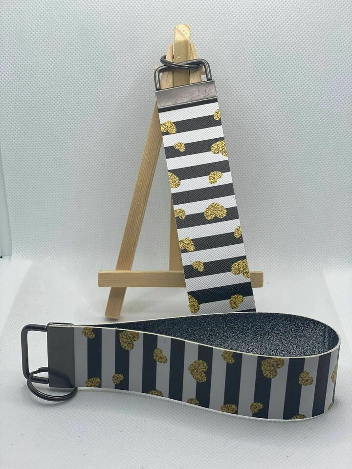 Black/White Horizontal Stripes w/ Gold Hearts Faux Leather Wristlet Keychain