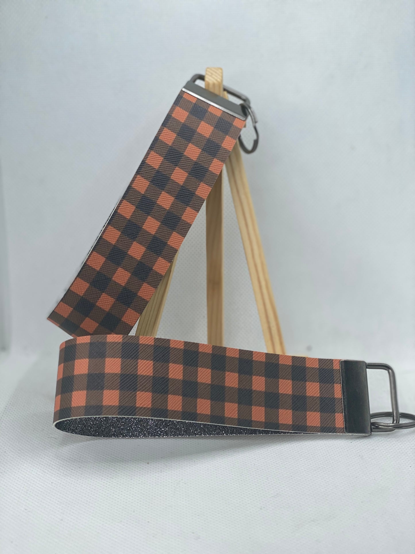 Orange Plaid Faux Leather Wristlet Keychain