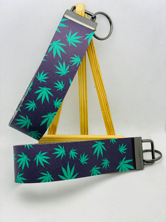Festive Green Leaves Faux Leather Wristlet Keychain