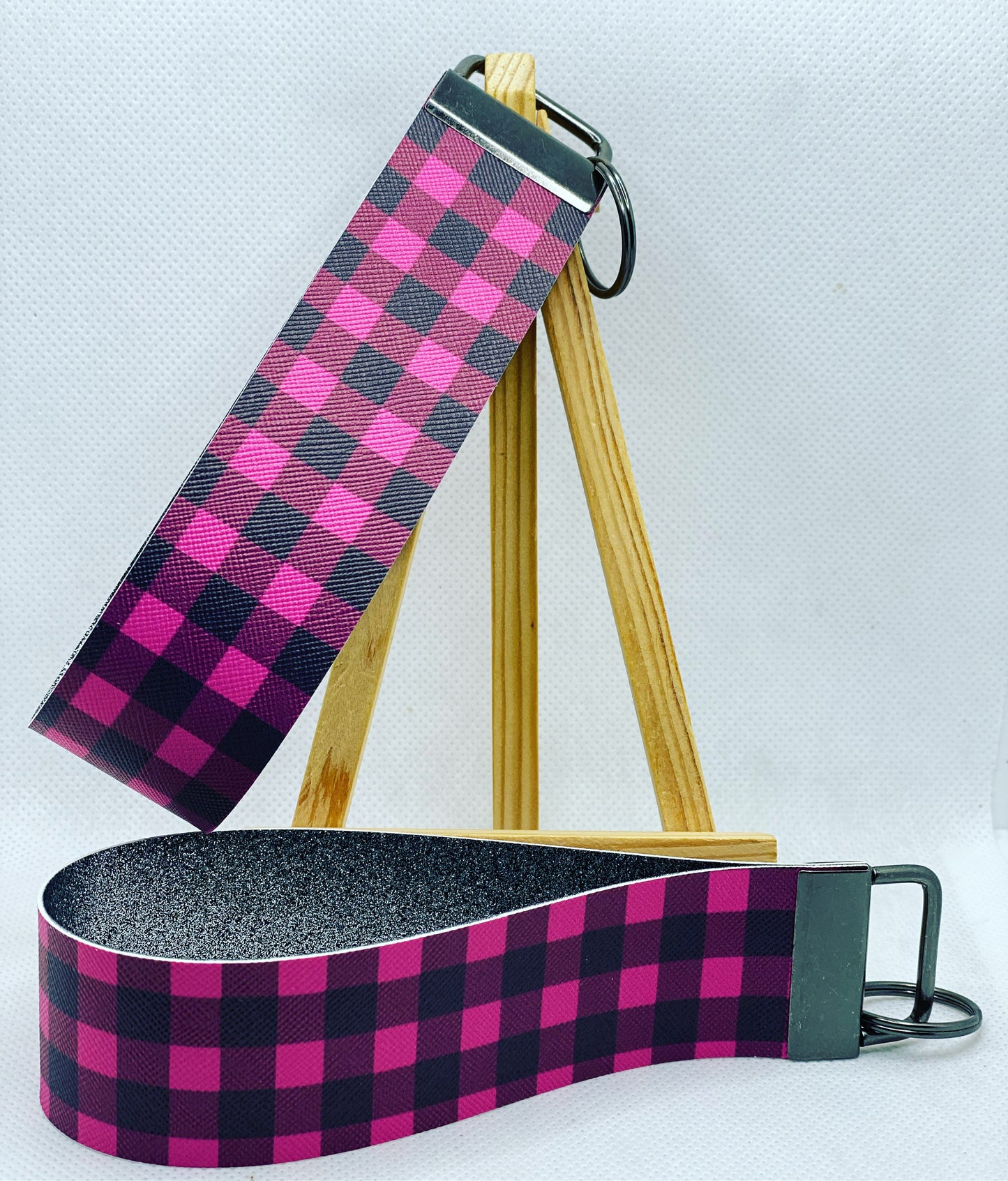 Flamingo Pink Buffalo Plaid Faux Leather Wristlet Keychain