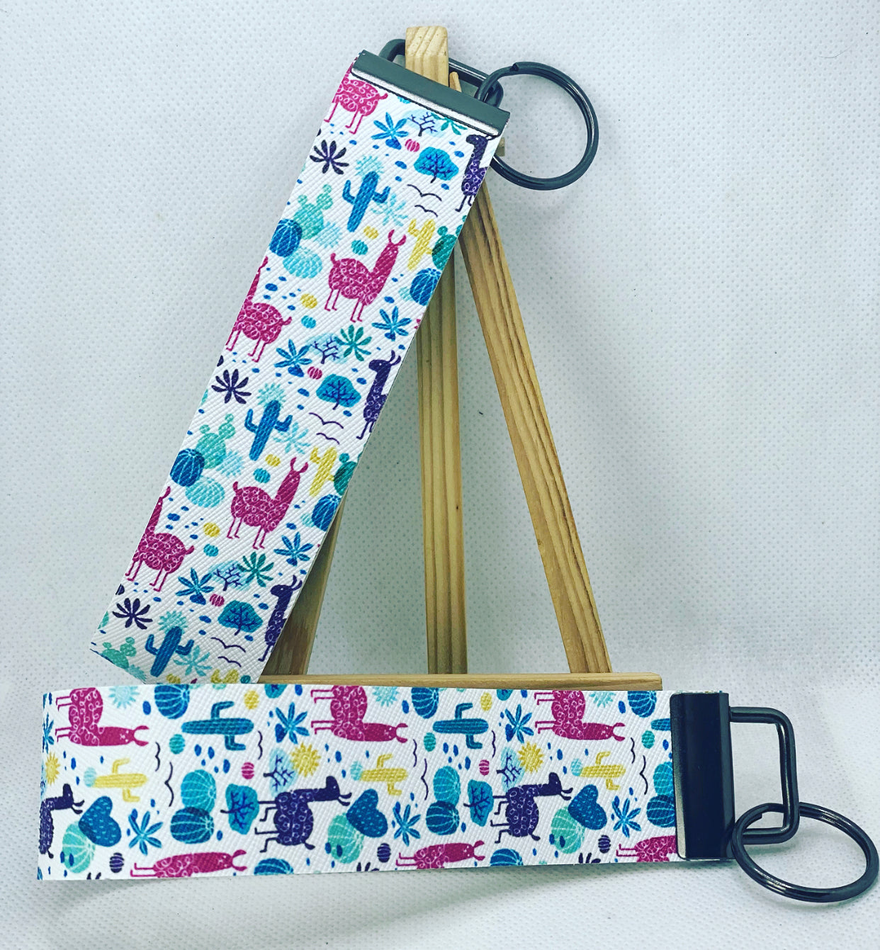 Multicolored Llama & Cactus Faux Leather Wristlet Keychain
