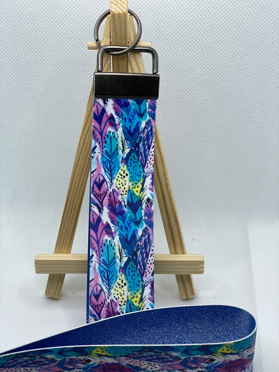 Watercolor Feather Faux Leather Wristlet Keychain