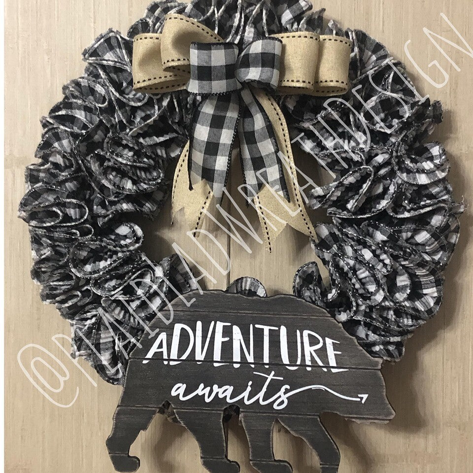 15" Adventure Awaits Bear Buffalo Plaid Wreath