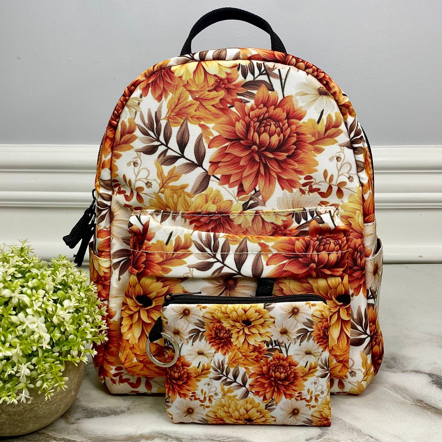 Orange Cream Brown Floral Water-Resistant Mini Backpack & Pouches Set