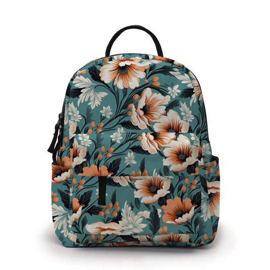 Orange Cream Floral On Blue - Water-Resistant Mini Backpack