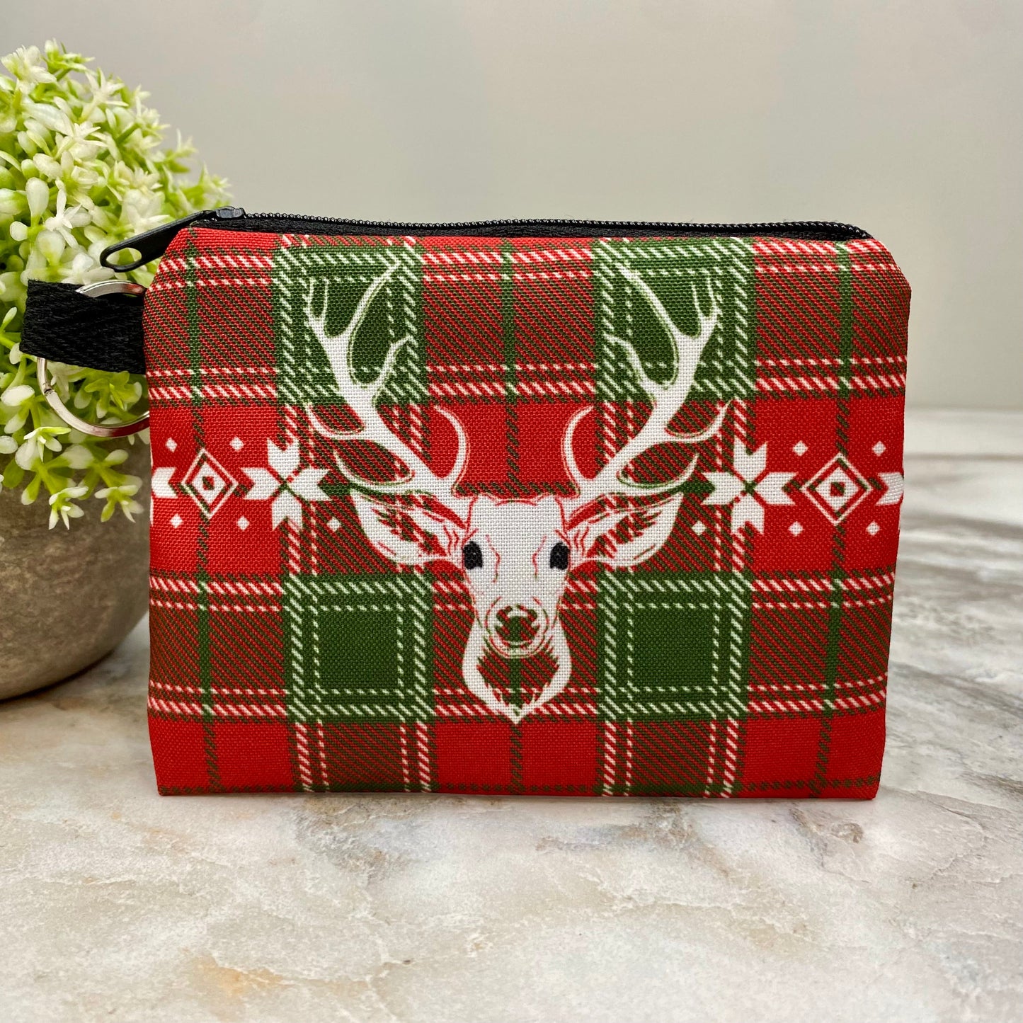 Reindeer Plaid - Water-Resistant Mini Pouch w/ Keyring