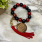 Wooden Bead Bracelet Keychain - Mama - Red Black Plaid