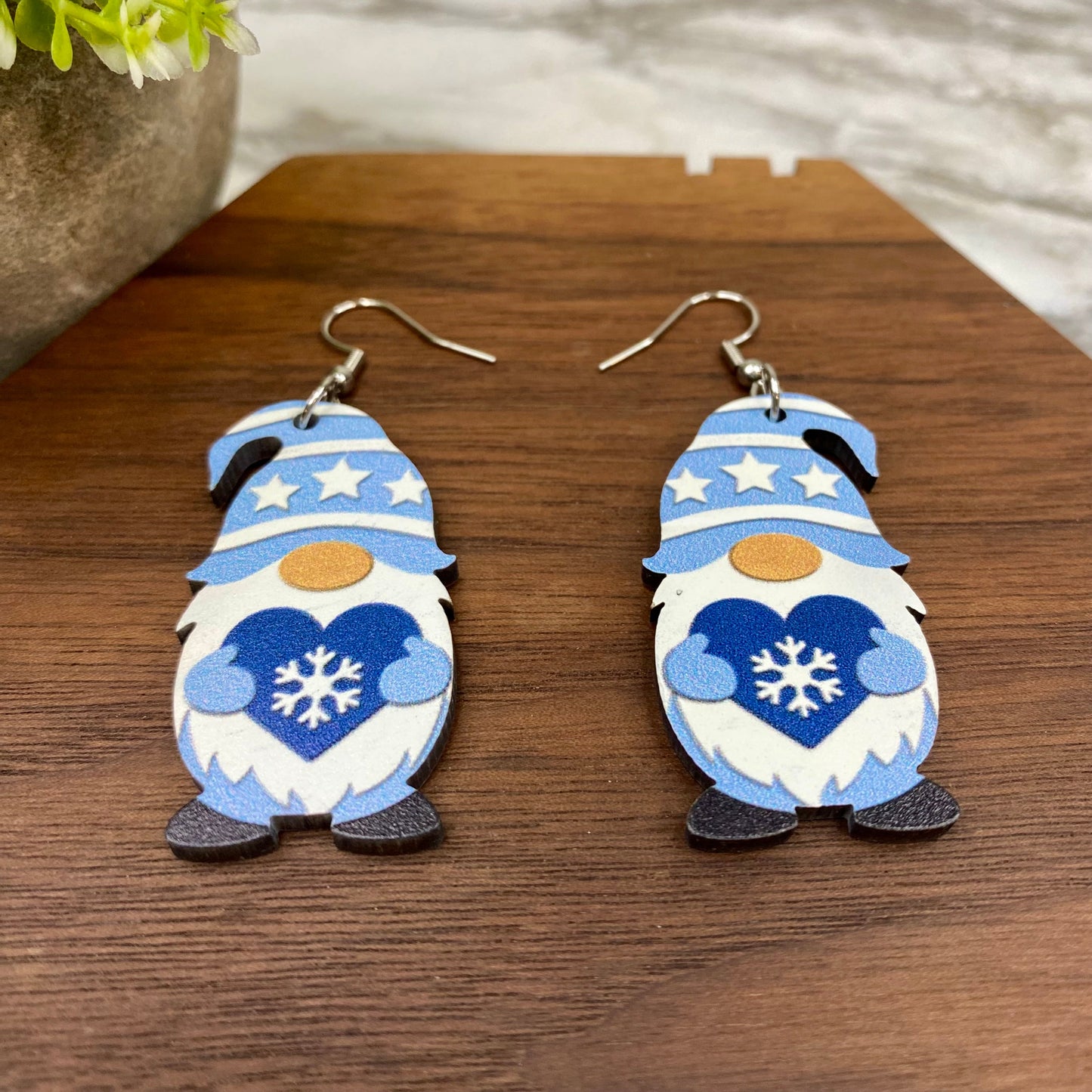 Wooden Dangle Earrings - Winter - Gnome Blue Heart Snowflake