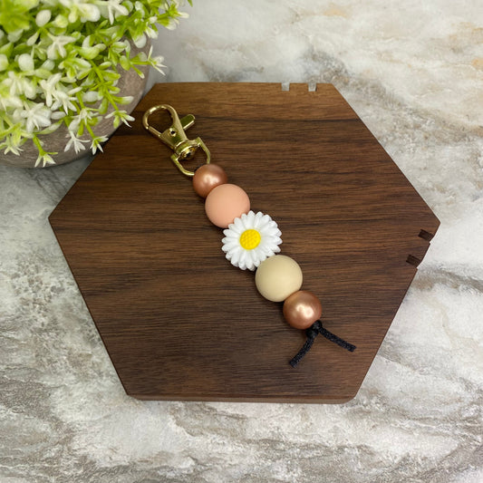 Keychain - Silicone Bead - White Sunflower, Rose Gold Bead