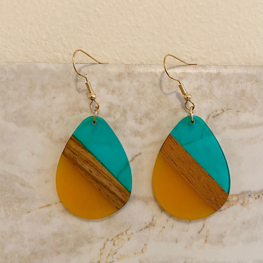 Dangle Earring - Wood & Acrylic - Blue & Yellow