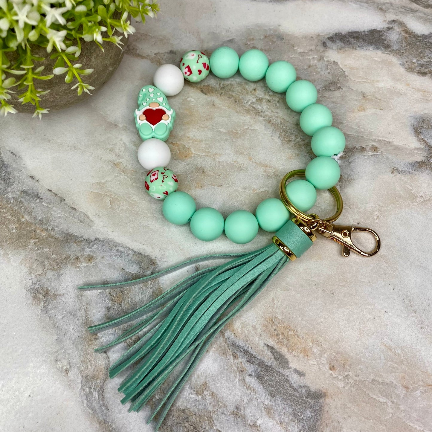 Silicone Bracelet Keychain - Mint Gnome Heart