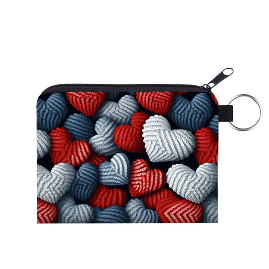 Blue + Red Knit Heart - Water-Resistant Mini Pouch w/ Keyring