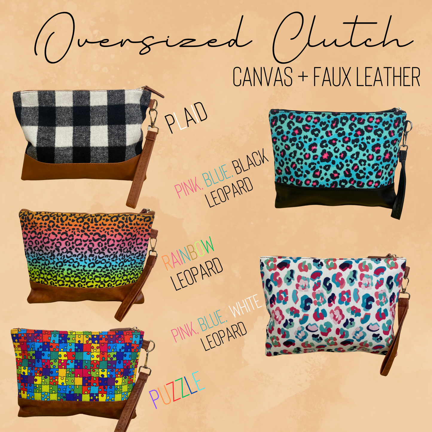 Clutch - Oversized Canvas & Faux Leather - Pink Blue White Leopard