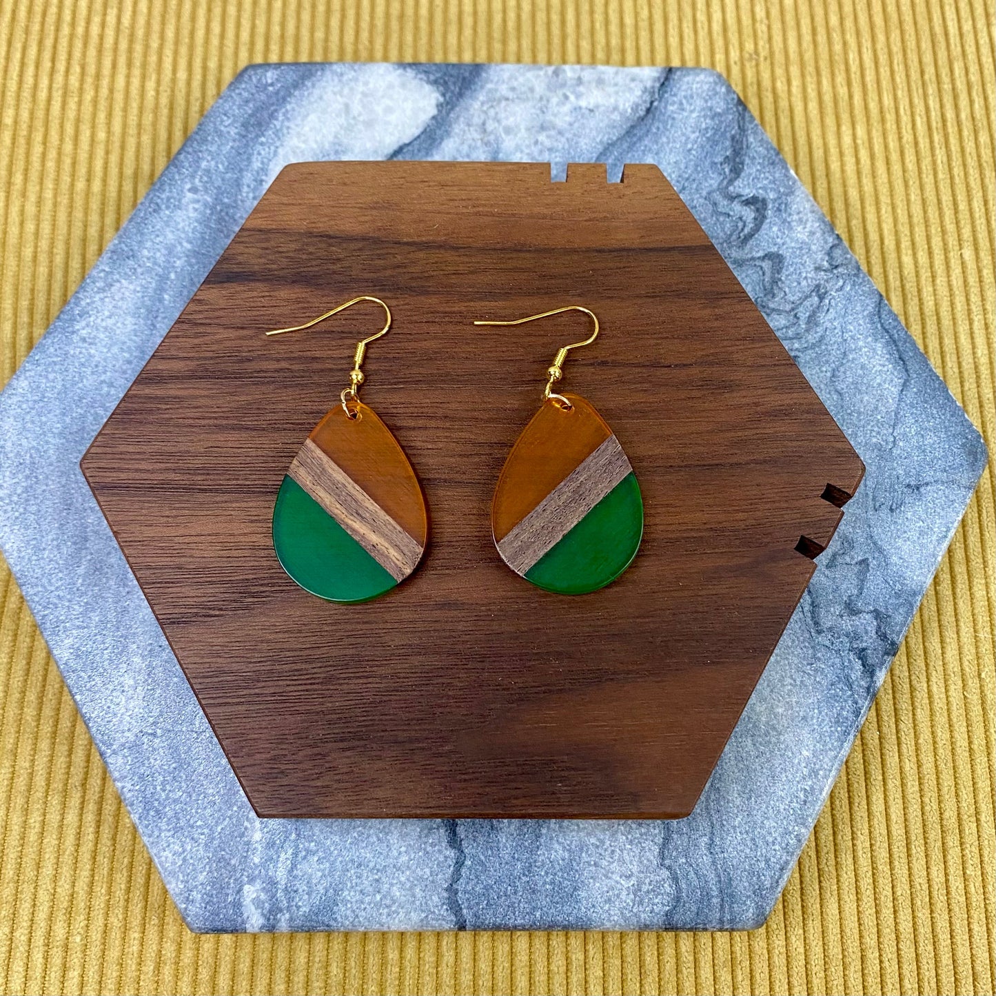 Dangle Earring - Wood & Acrylic - Clear Yellow Green Wood