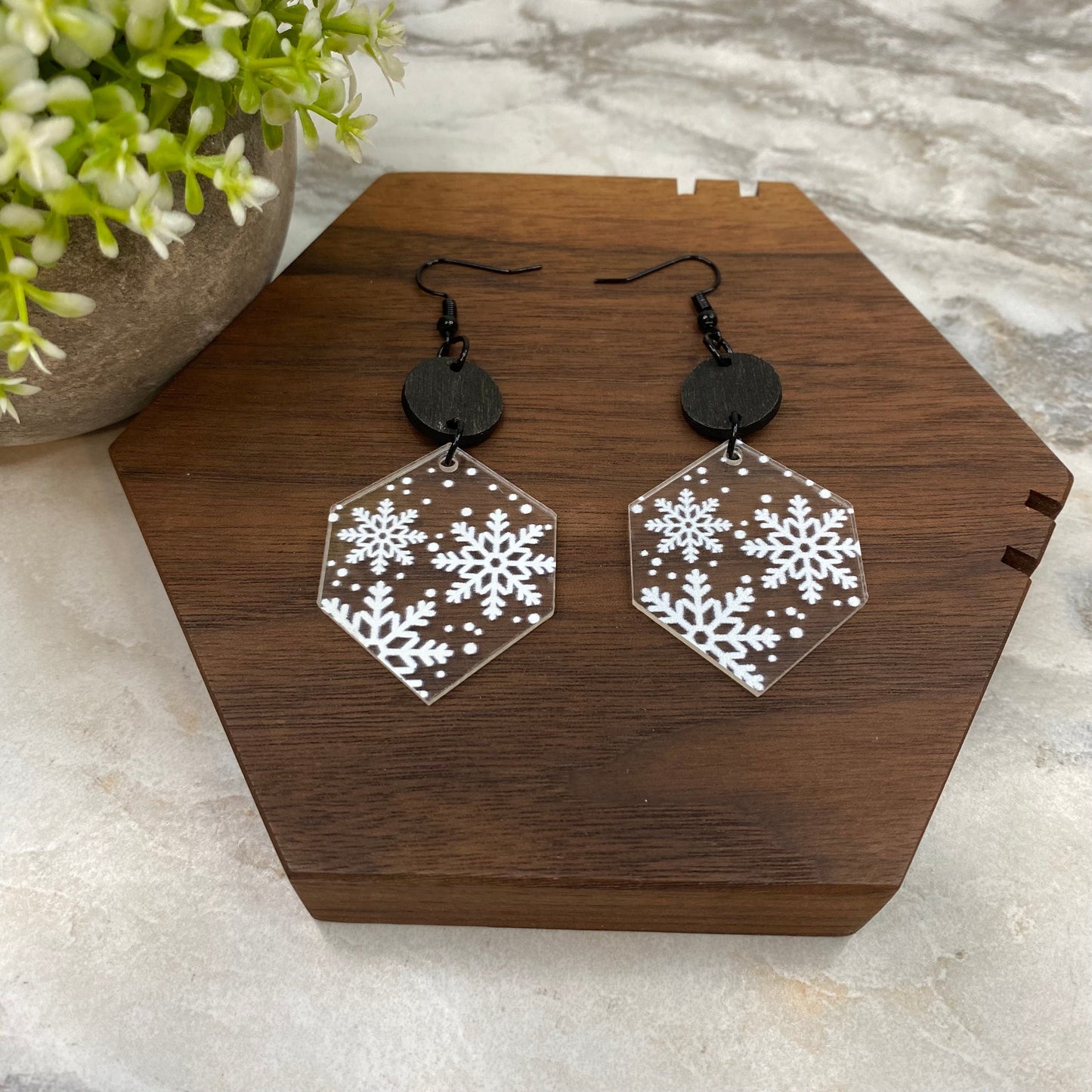 Acrylic & Wood Dangle Earrings - Clear Hexagon Snowflake