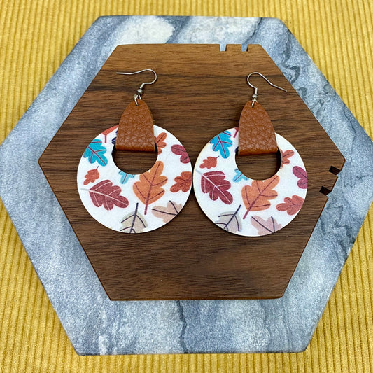 Wooden Dangle Earrings - Round Fall Leaves