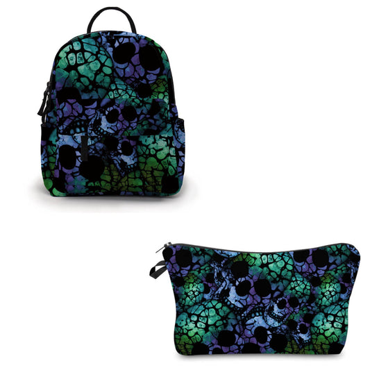 Blue Green Mosaic Skull - Water-Resistant Multi-Use Pouch & Mini Backpack Set