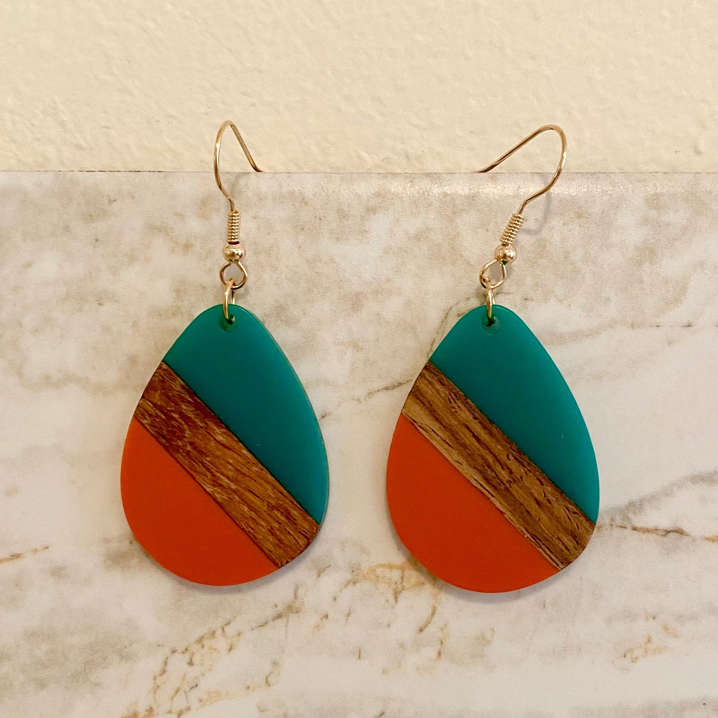 Dangle Earring - Wood & Acrylic - Teal & Orange