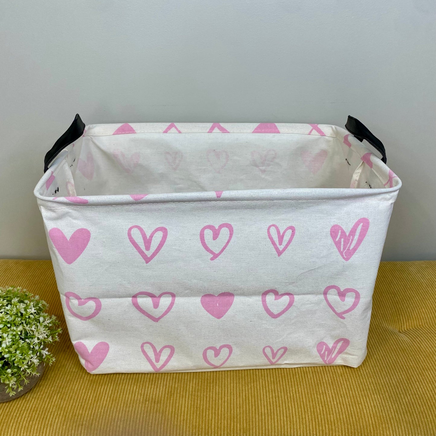 Pop Up Canvas Basket - Valentine’s Day - Pink Hearts on Ivory