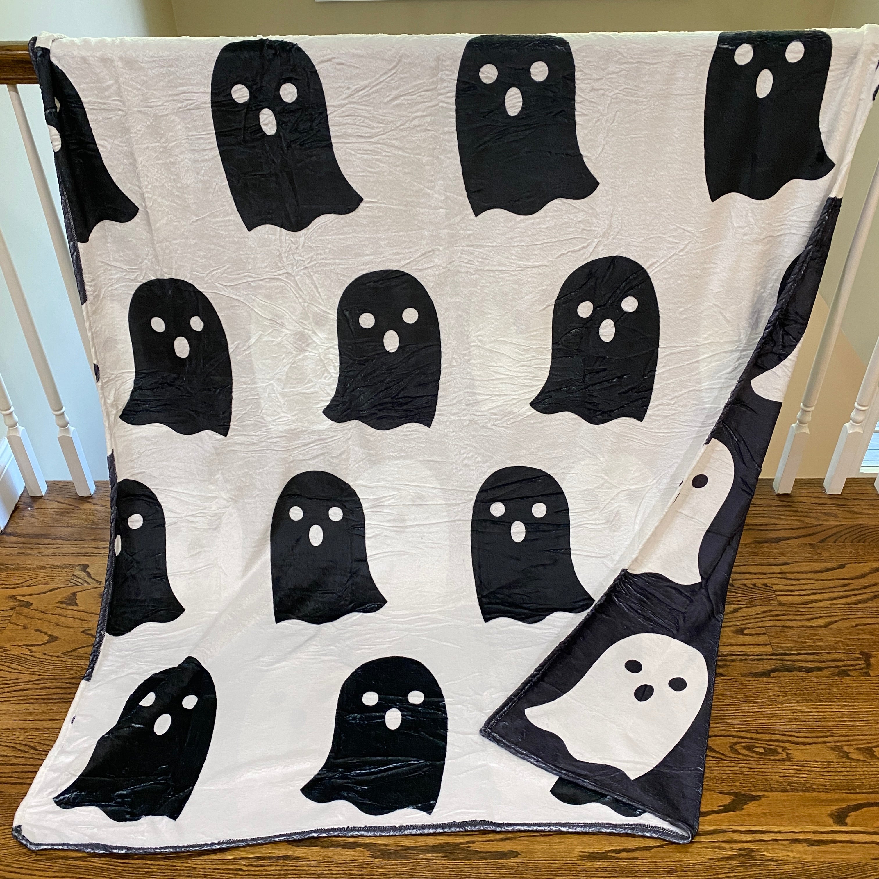 Double Sided Ghosts Black White Minky Blanket