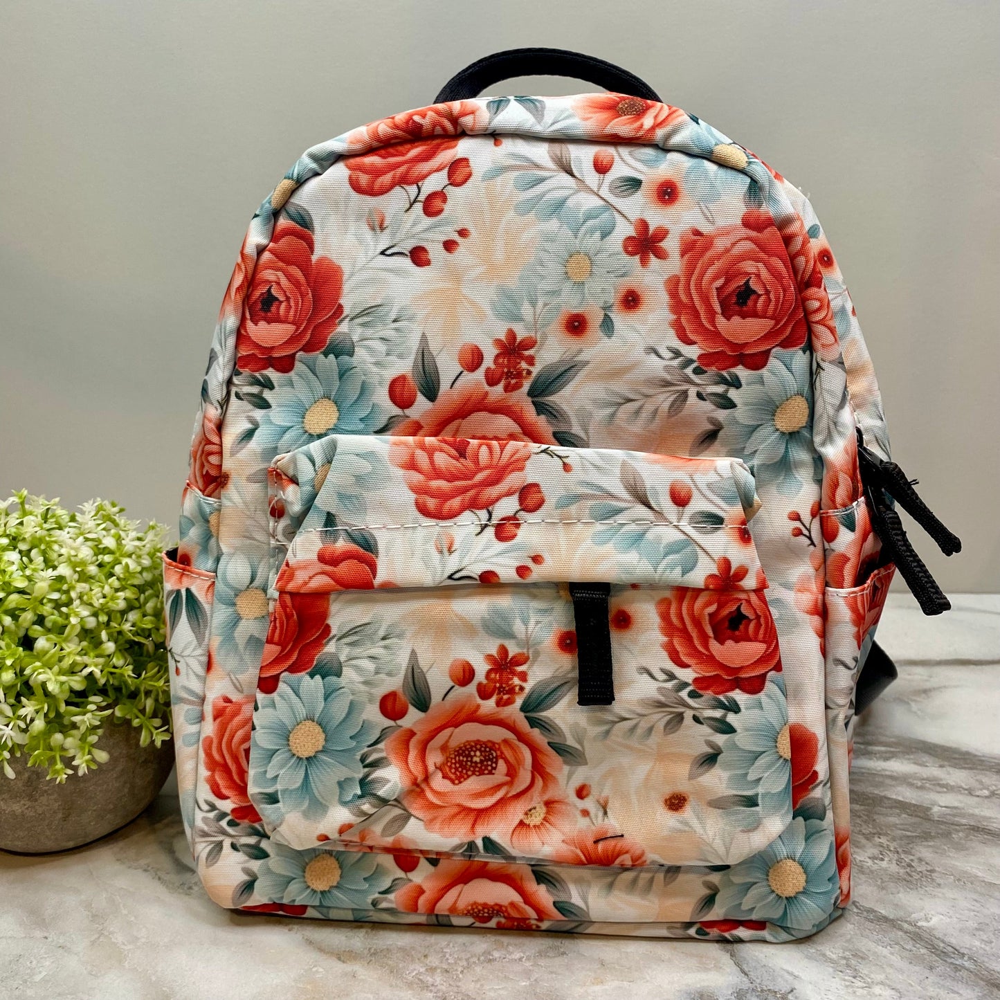 Light Blue Coral Floral - Water-Resistant Mini Backpack