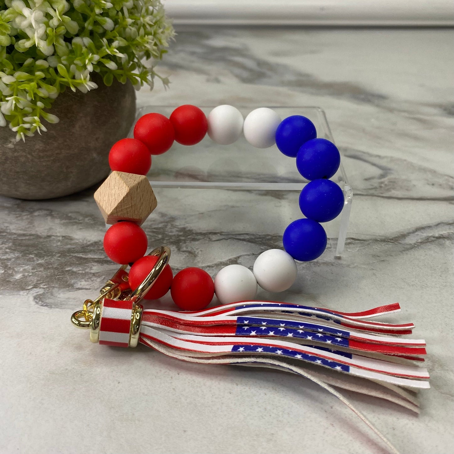 Silicone/Wood Bracelet Keychain - Fourth Of July - Red, White, & Blue