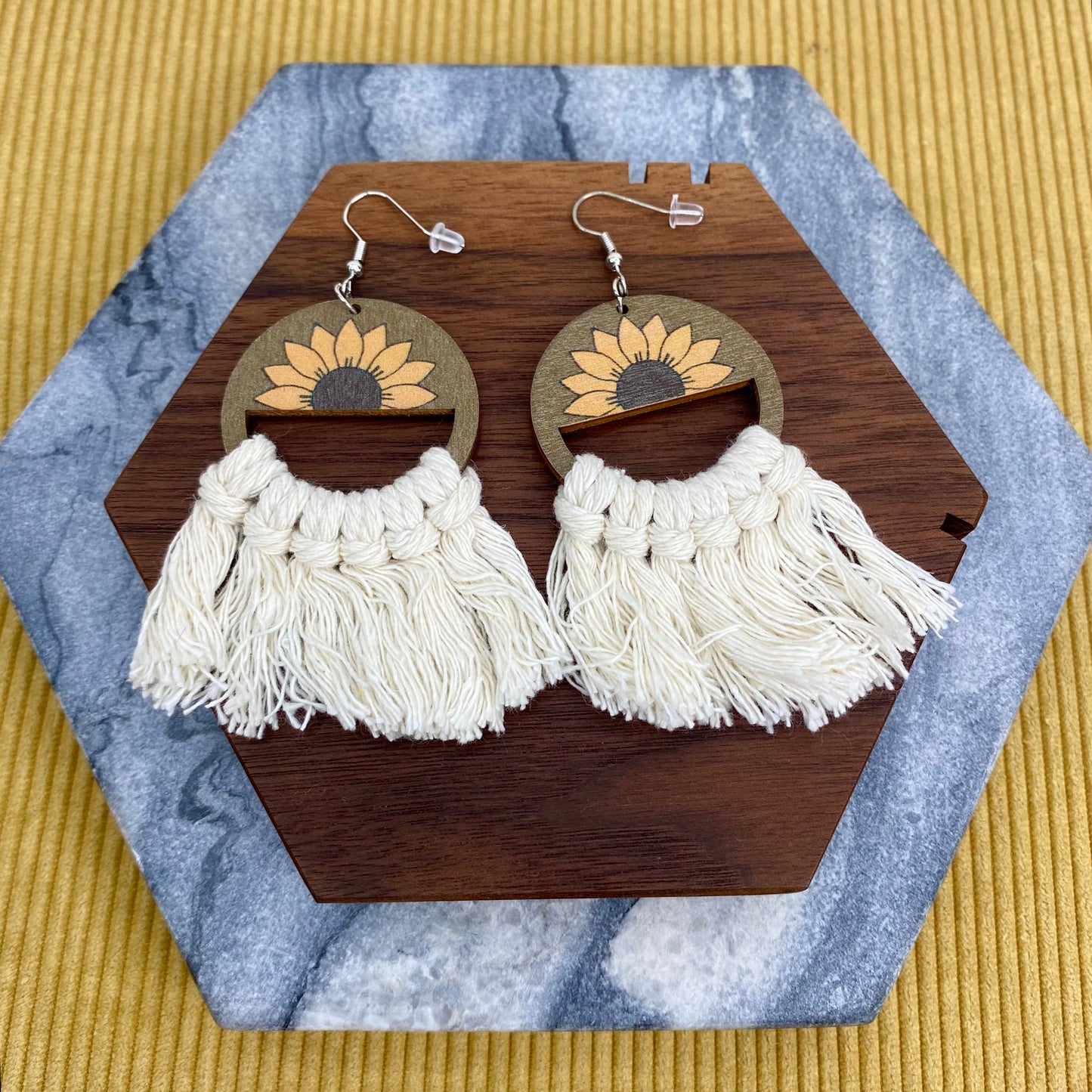 Wood & Macrame Earrings - Half Sunflower