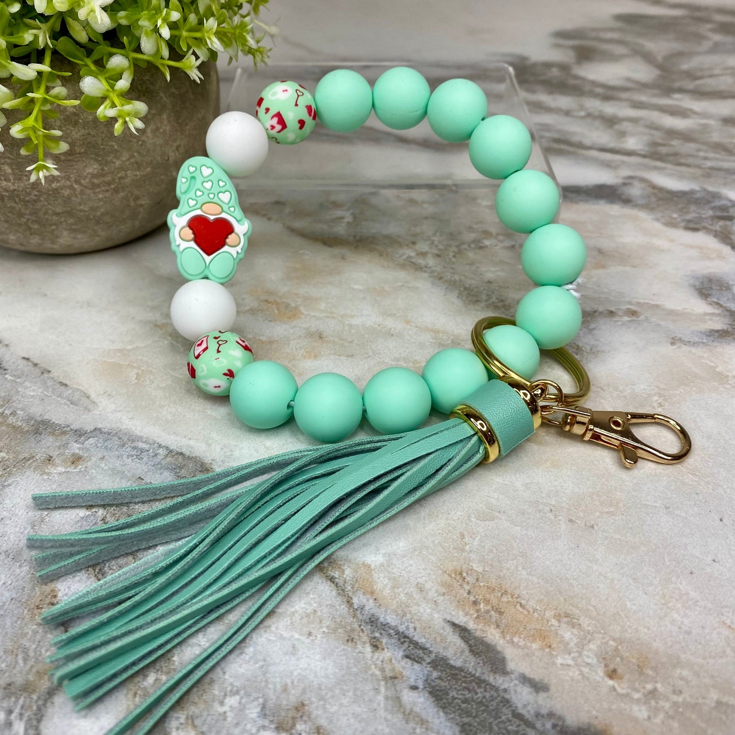 Silicone Bracelet Keychain - Mint Gnome Heart