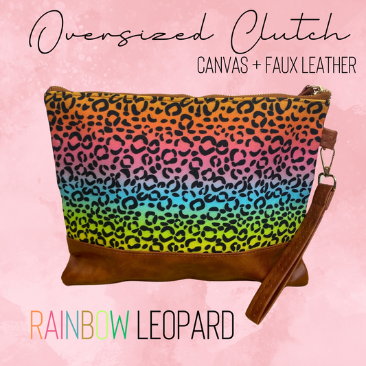 Clutch - Oversized Canvas & Faux Leather with Wrist Loop - Rainbow Leopard