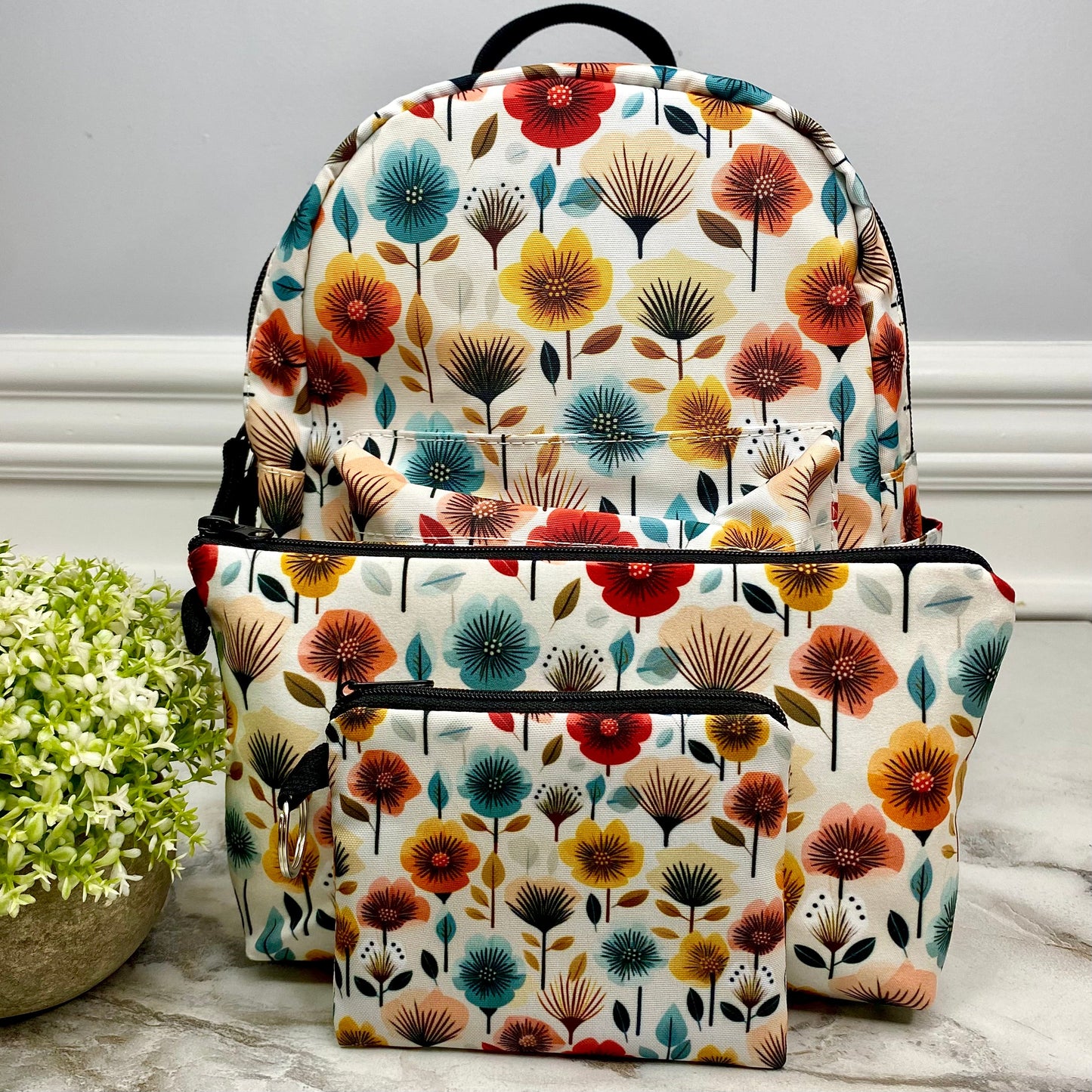 Floral Blooms Red Orange Blue - Water-Resistant Mini Backpack & Pouches Set