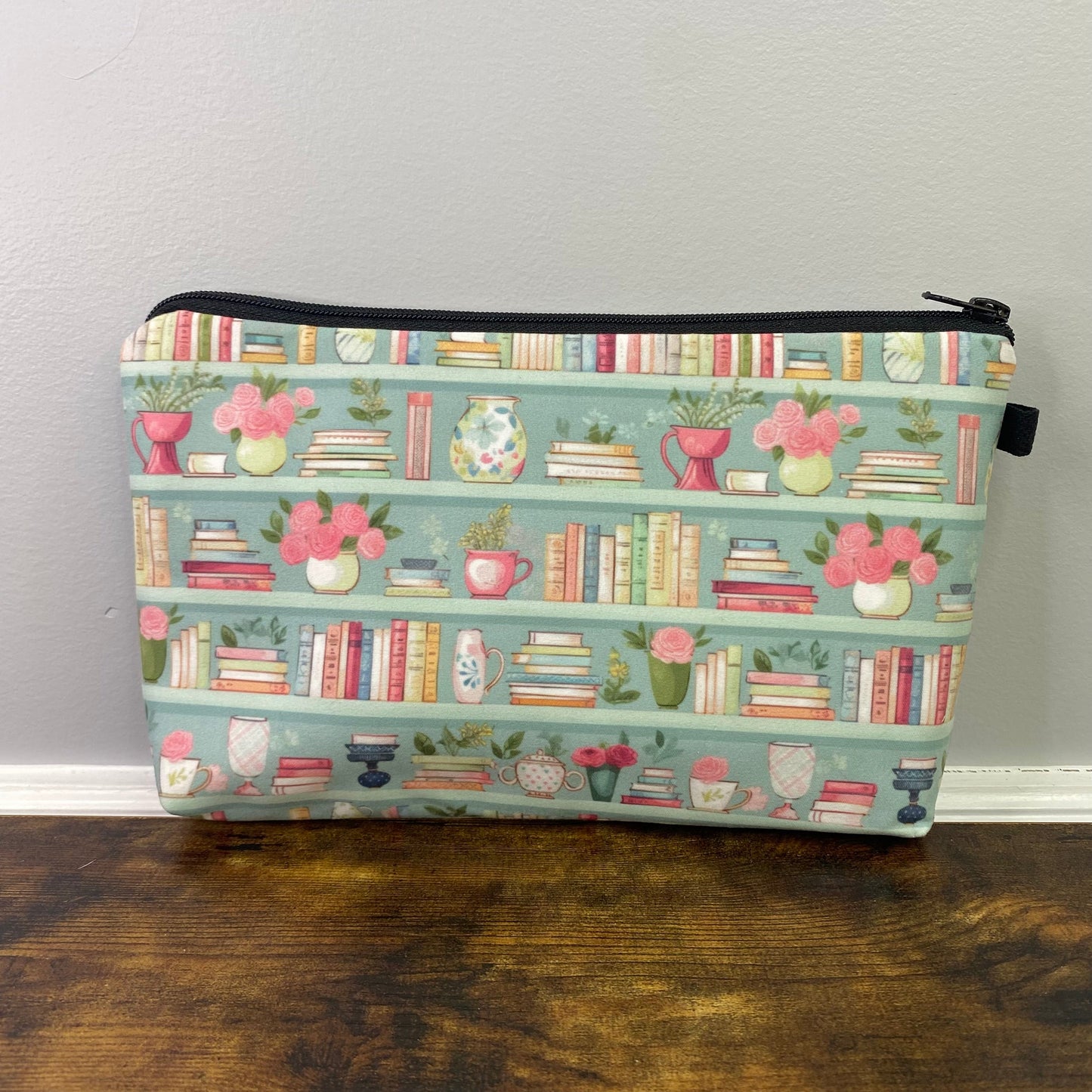 Mint Floral Bookcase - Water-Resistant Multi-Use Pouch